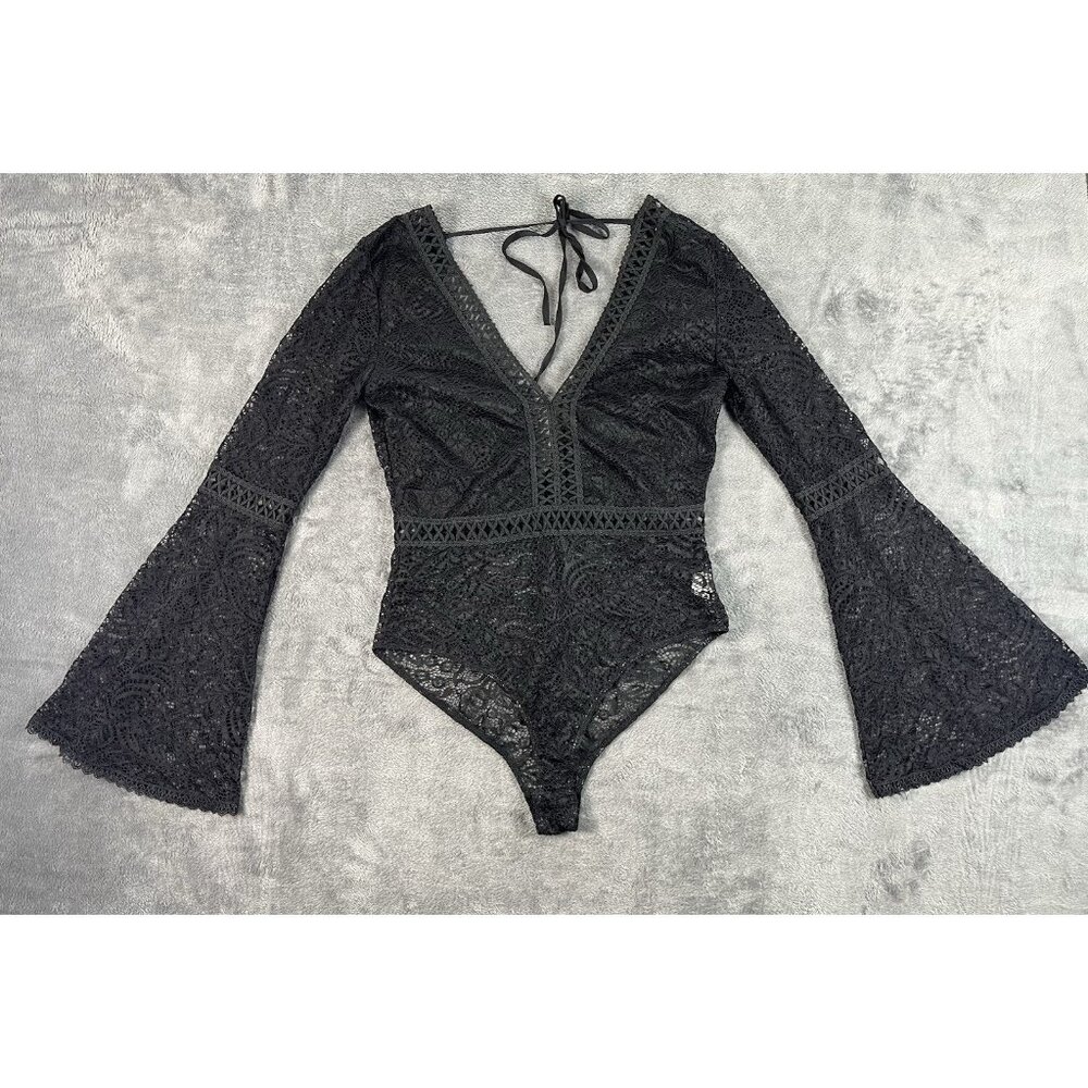 Nasty Gal Crochet Black Body Suit One Piece Top Size Medium Bell Sleeves